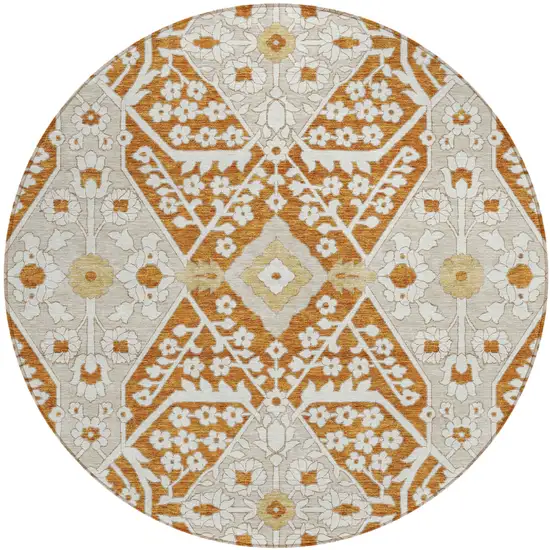 8' Orange Beige And Gold Round Floral Washable Indoor Outdoor Area Rug Photo 2