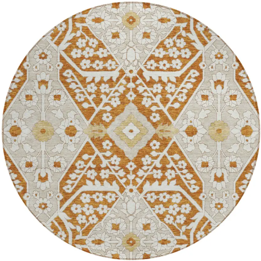 8' Orange Beige And Gold Round Floral Washable Indoor Outdoor Area Rug Photo 2