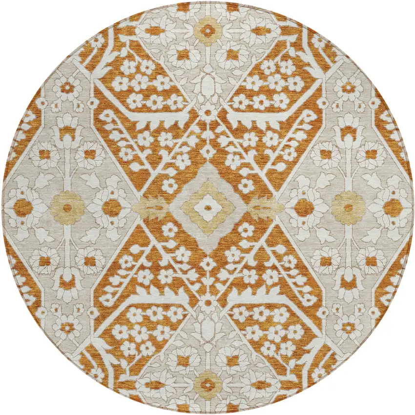 8' Orange Beige And Gold Round Floral Washable Indoor Outdoor Area Rug Photo 2