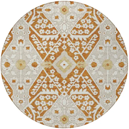8' Orange Beige And Gold Round Floral Washable Indoor Outdoor Area Rug Photo 8