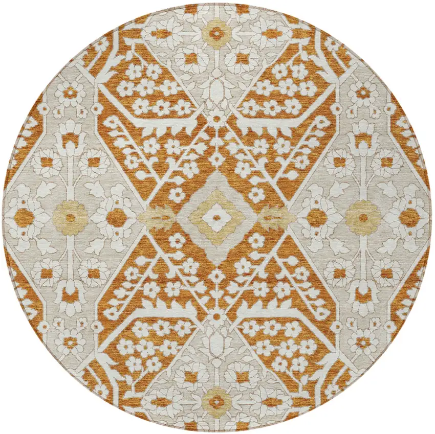 8' Orange Beige And Gold Round Floral Washable Indoor Outdoor Area Rug Photo 8