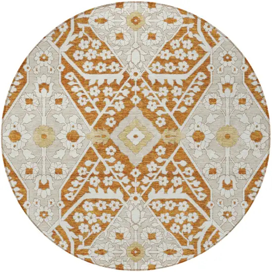 8' Orange Beige And Gold Round Floral Washable Indoor Outdoor Area Rug Photo 8