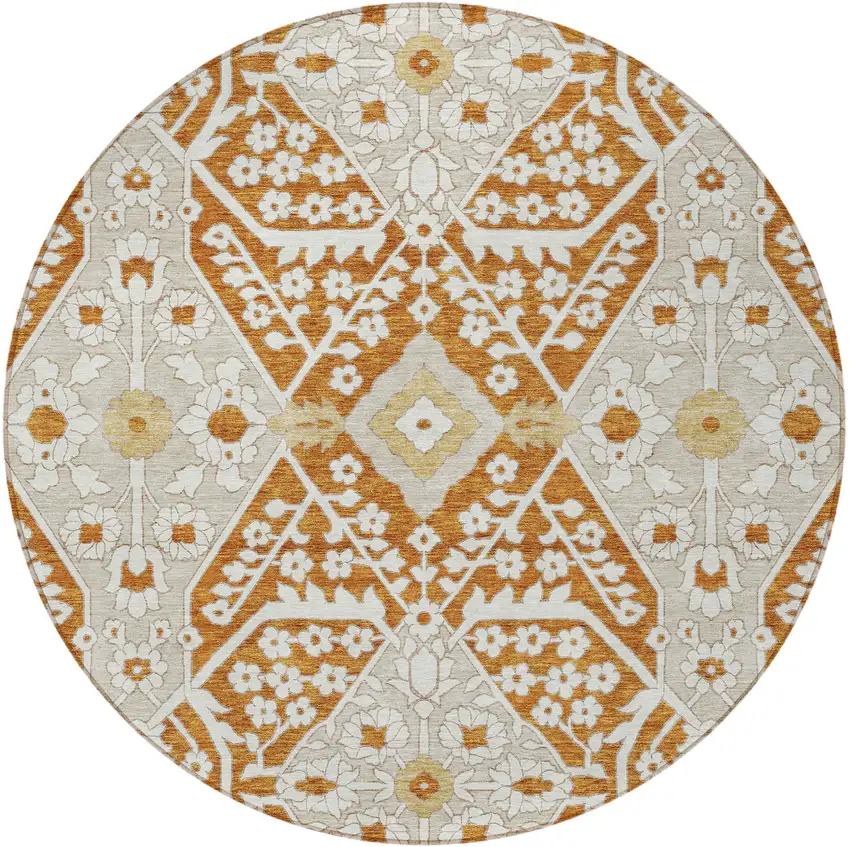 8' Orange Beige And Gold Round Floral Washable Indoor Outdoor Area Rug Photo 8