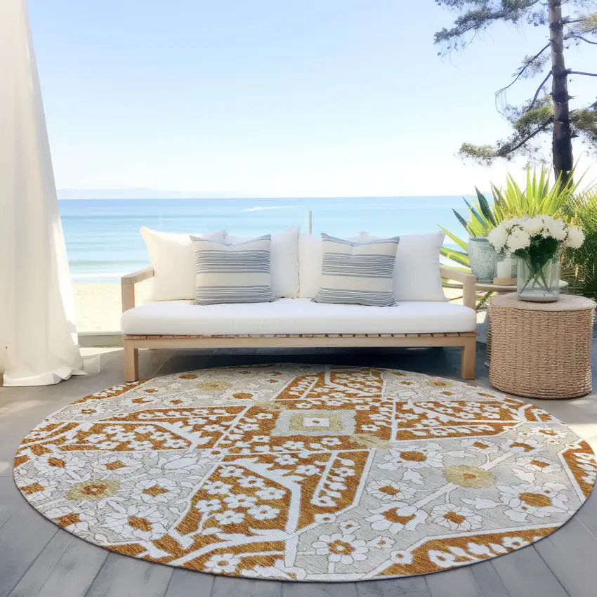 8' Orange Beige And Gold Round Floral Washable Indoor Outdoor Area Rug Photo 9