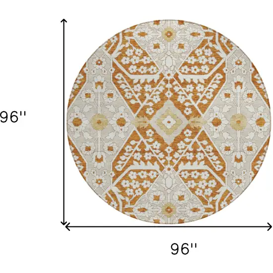 8' Orange Beige And Gold Round Floral Washable Indoor Outdoor Area Rug Photo 3