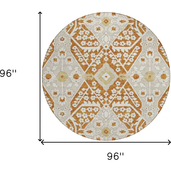8' Orange Beige And Gold Round Floral Washable Indoor Outdoor Area Rug Photo 3
