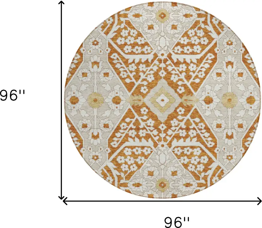 8' Orange Beige And Gold Round Floral Washable Indoor Outdoor Area Rug Photo 3