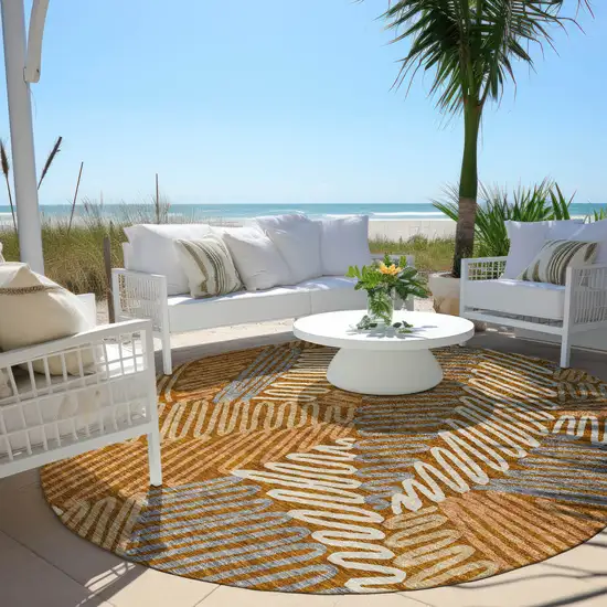 8' Orange Beige And Gray Round Floral Washable Indoor Outdoor Area Rug Photo 6