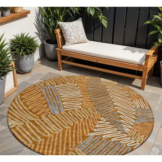 8' Orange Beige And Gray Round Floral Washable Indoor Outdoor Area Rug Photo 1