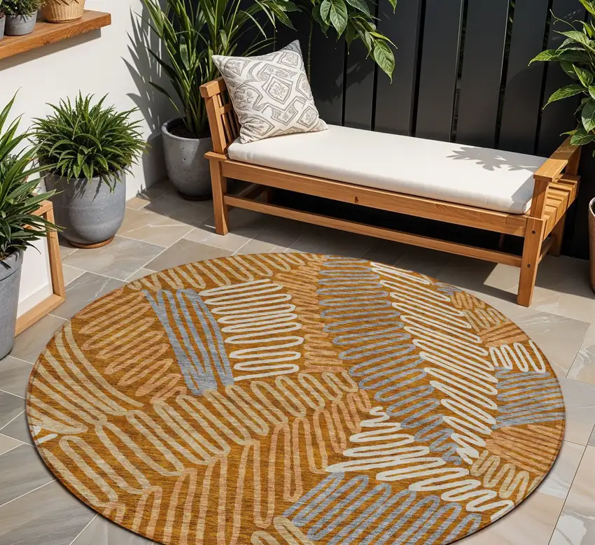 8' Orange Beige And Gray Round Floral Washable Indoor Outdoor Area Rug Photo 1