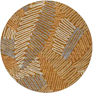 Photo of 8' Orange Beige And Gray Round Floral Washable Indoor Outdoor Area Rug