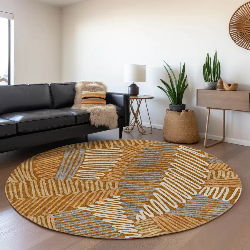 8' Orange Beige And Gray Round Floral Washable Indoor Outdoor Area Rug Photo 7