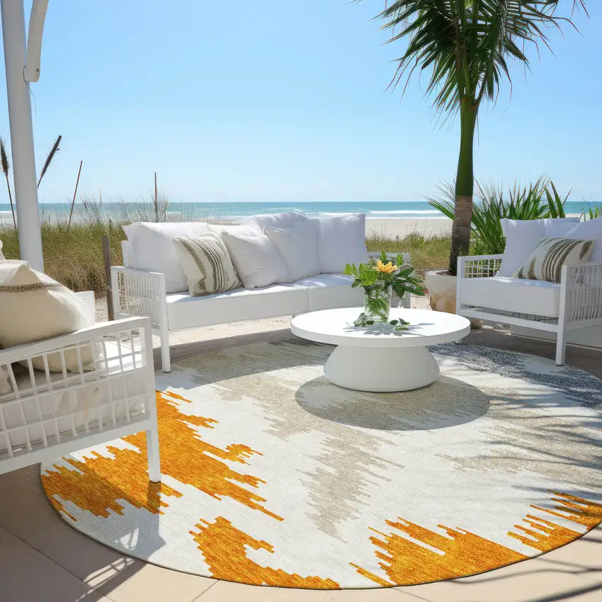 8' Orange Beige And Ivory Round Abstract Washable Indoor Outdoor Area Rug Photo 6