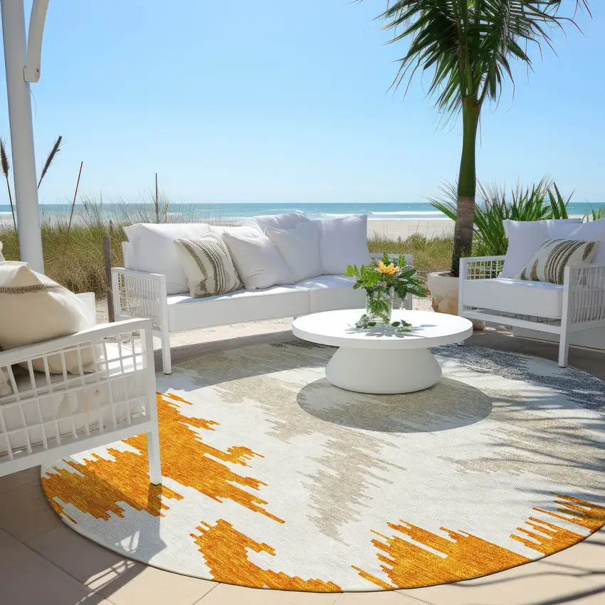 8' Orange Beige And Ivory Round Abstract Washable Indoor Outdoor Area Rug Photo 6