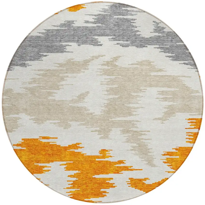 8' Orange Beige And Ivory Round Abstract Washable Indoor Outdoor Area Rug Photo 5
