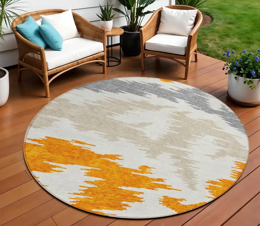 8' Orange Beige And Ivory Round Abstract Washable Indoor Outdoor Area Rug Photo 1
