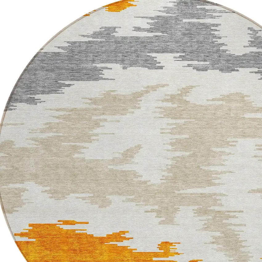 8' Orange Beige And Ivory Round Abstract Washable Indoor Outdoor Area Rug Photo 4