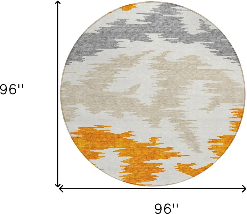 8' Orange Beige And Ivory Round Abstract Washable Indoor Outdoor Area Rug Photo 8