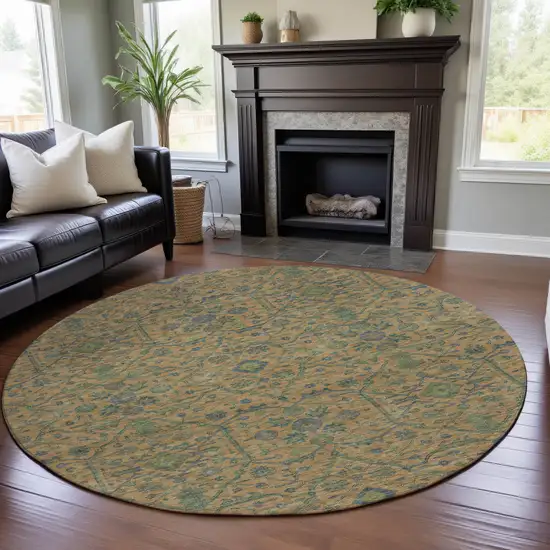 8' Orange Blue And Green Oriental Washable Round Rug With UV Protection Photo 4