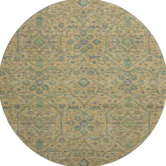 8' Orange Blue And Green Oriental Washable Round Rug With UV Protection Photo 3