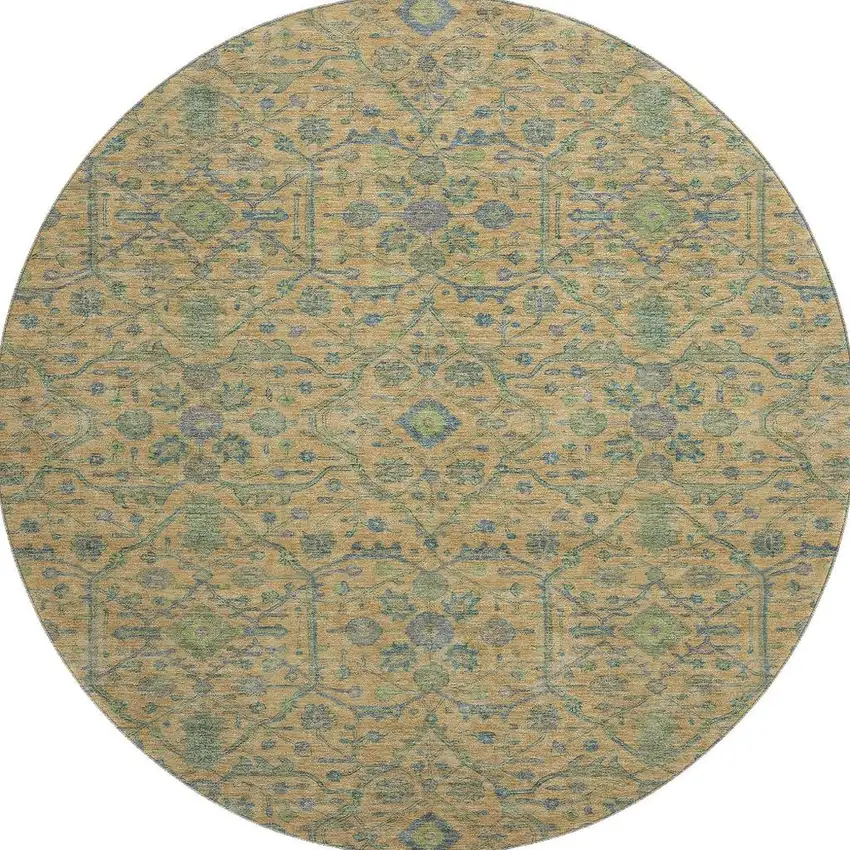 8' Orange Blue And Green Oriental Washable Round Rug With UV Protection Photo 3