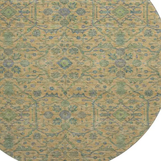 8' Orange Blue And Green Oriental Washable Round Rug With UV Protection Photo 2