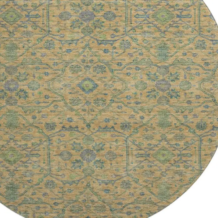 8' Orange Blue And Green Oriental Washable Round Rug With UV Protection Photo 2