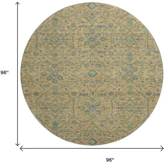 8' Orange Blue And Green Oriental Washable Round Rug With UV Protection Photo 9