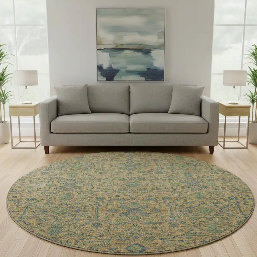 8' Orange Blue And Green Oriental Washable Round Rug With UV Protection Photo 2