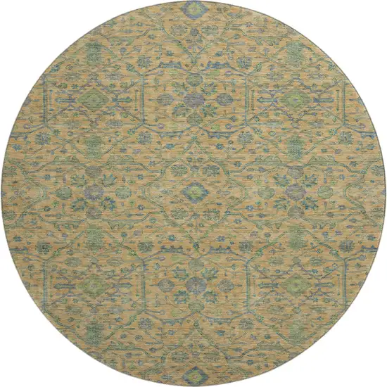 8' Orange Blue And Green Oriental Washable Round Rug With UV Protection Photo 1