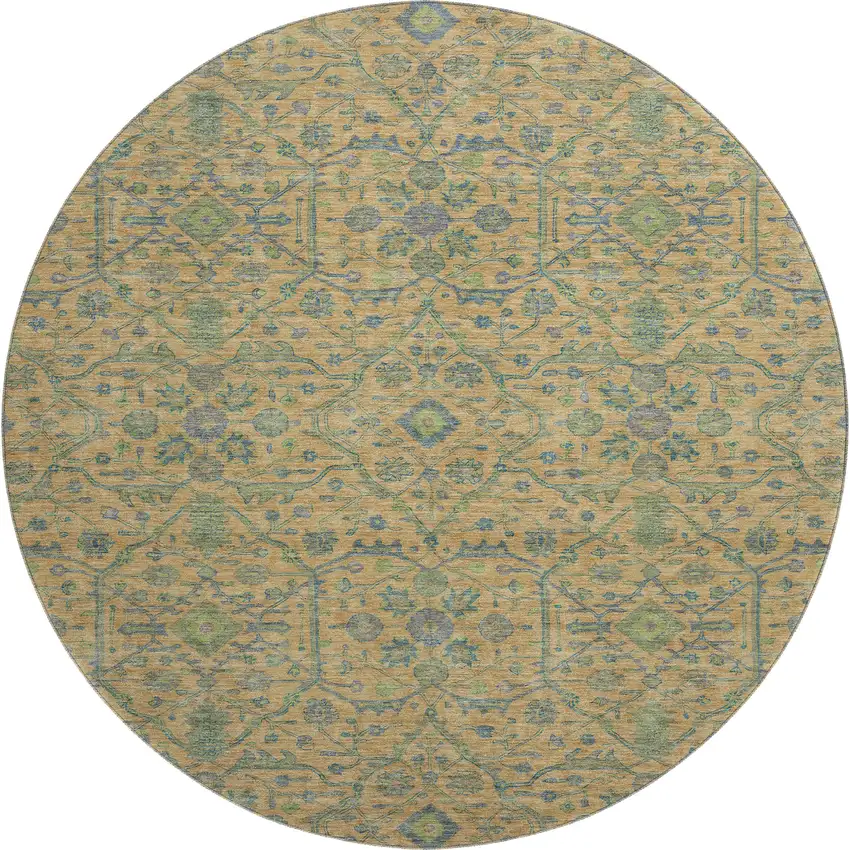 8' Orange Blue And Green Oriental Washable Round Rug With UV Protection Photo 1