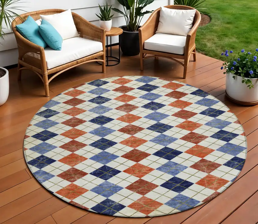 8' Orange Blue And Ivory Round Geometric Washable Indoor Outdoor Area Rug Photo 1