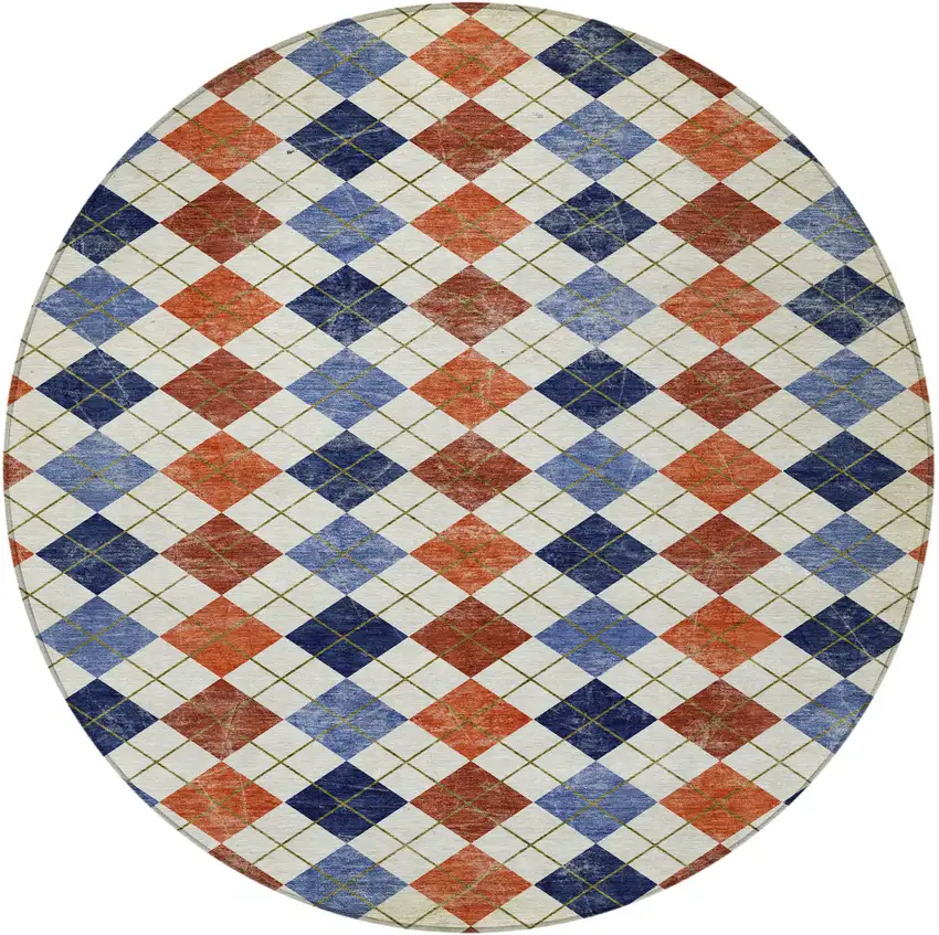 8' Orange Blue And Ivory Round Geometric Washable Indoor Outdoor Area Rug Photo 4