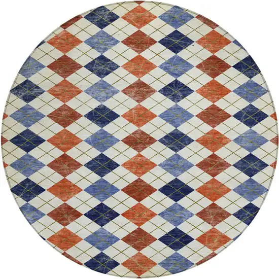 8' Orange Blue And Ivory Round Geometric Washable Indoor Outdoor Area Rug Photo 2