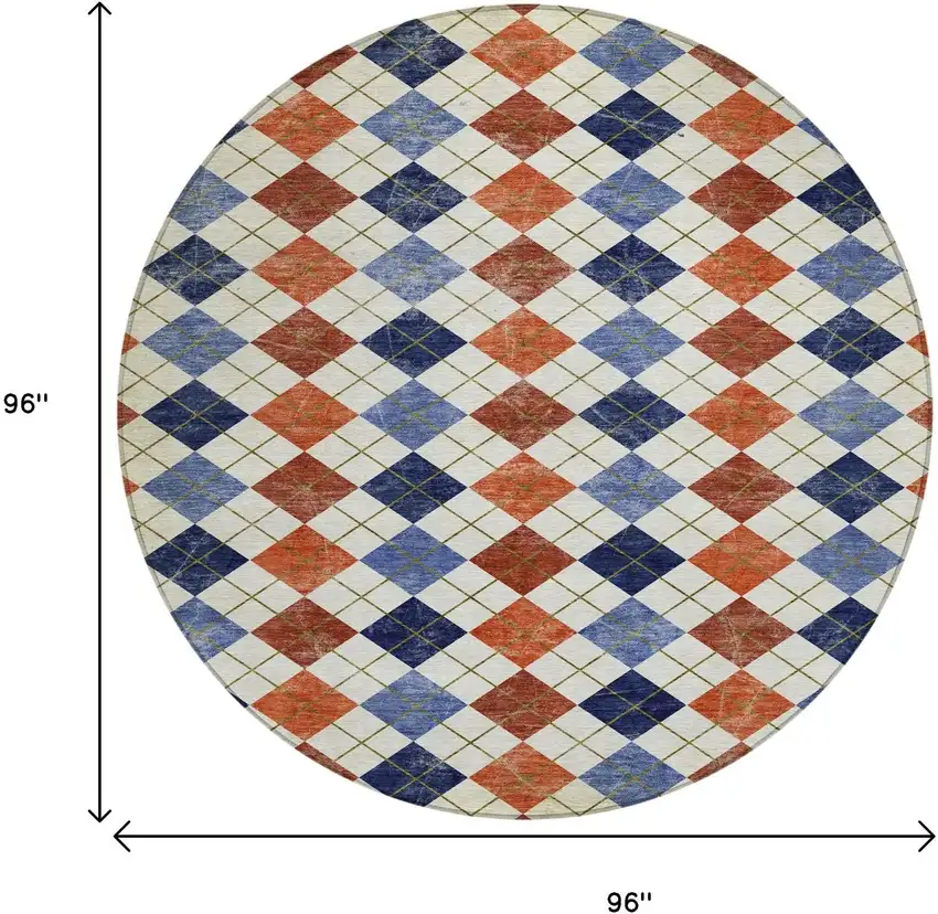 8' Orange Blue And Ivory Round Geometric Washable Indoor Outdoor Area Rug Photo 3