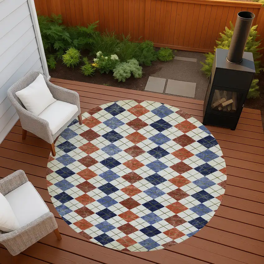 8' Orange Blue And Ivory Round Geometric Washable Indoor Outdoor Area Rug Photo 8
