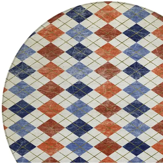8' Orange Blue And Ivory Round Geometric Washable Indoor Outdoor Area Rug Photo 5