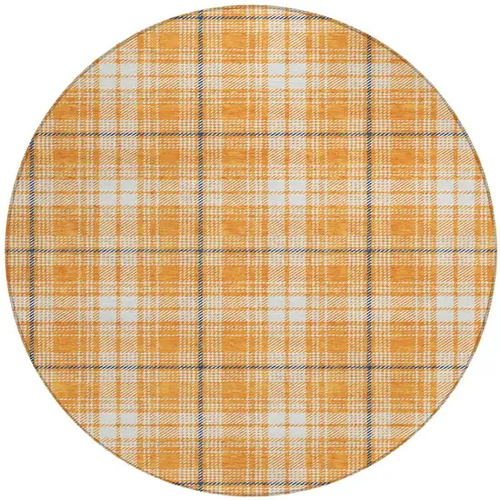 8' Orange Blue And Ivory Round Plaid Washable Indoor Outdoor Area Rug Photo 2