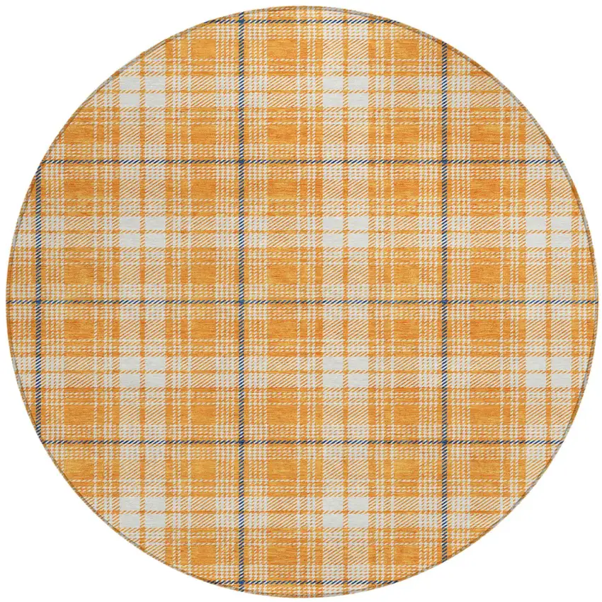 8' Orange Blue And Ivory Round Plaid Washable Indoor Outdoor Area Rug Photo 2