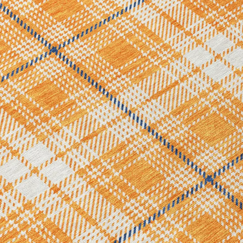 8' Orange Blue And Ivory Round Plaid Washable Indoor Outdoor Area Rug Photo 6