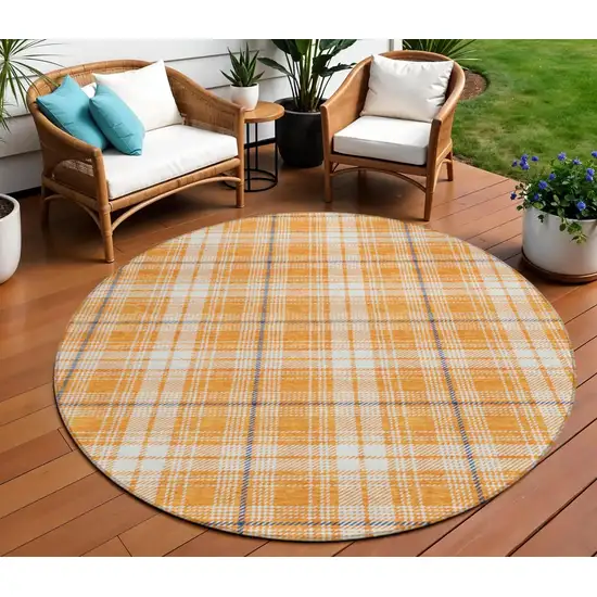 8' Orange Blue And Ivory Round Plaid Washable Indoor Outdoor Area Rug Photo 1