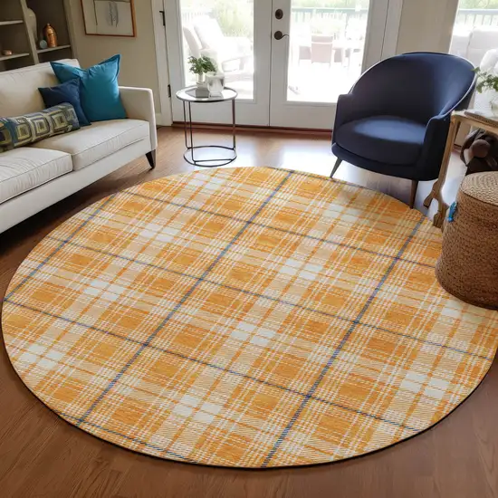 8' Orange Blue And Ivory Round Plaid Washable Indoor Outdoor Area Rug Photo 7
