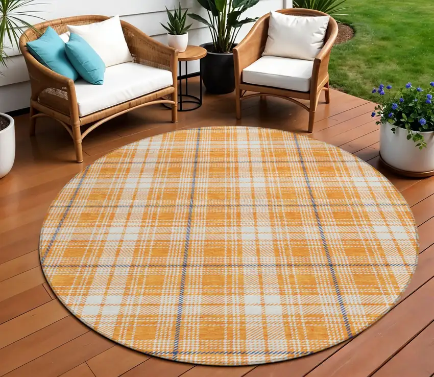 8' Orange Blue And Ivory Round Plaid Washable Indoor Outdoor Area Rug Photo 1
