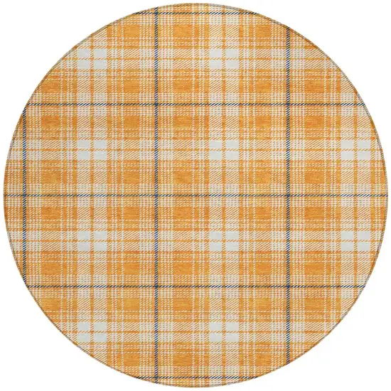 8' Orange Blue And Ivory Round Plaid Washable Indoor Outdoor Area Rug Photo 4
