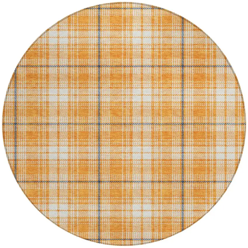 8' Orange Blue And Ivory Round Plaid Washable Indoor Outdoor Area Rug Photo 4