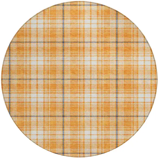 8' Orange Blue And Ivory Round Plaid Washable Indoor Outdoor Area Rug Photo 2