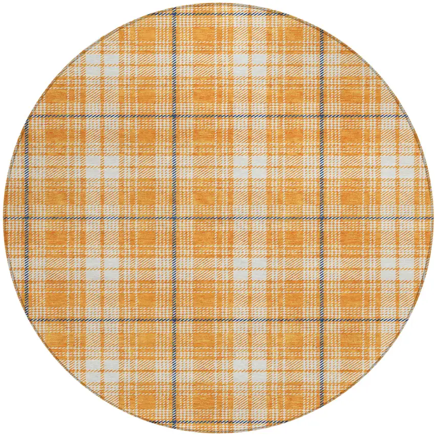 8' Orange Blue And Ivory Round Plaid Washable Indoor Outdoor Area Rug Photo 2