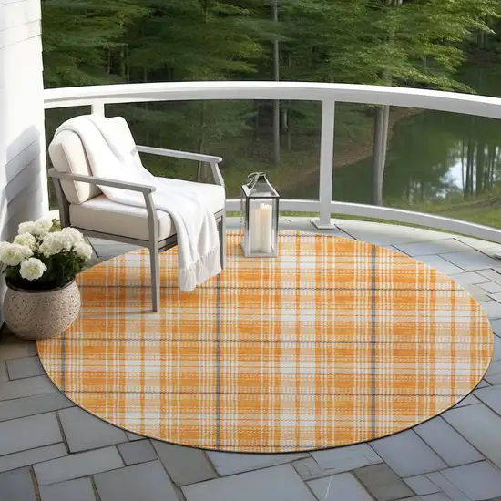 8' Orange Blue And Ivory Round Plaid Washable Indoor Outdoor Area Rug Photo 6