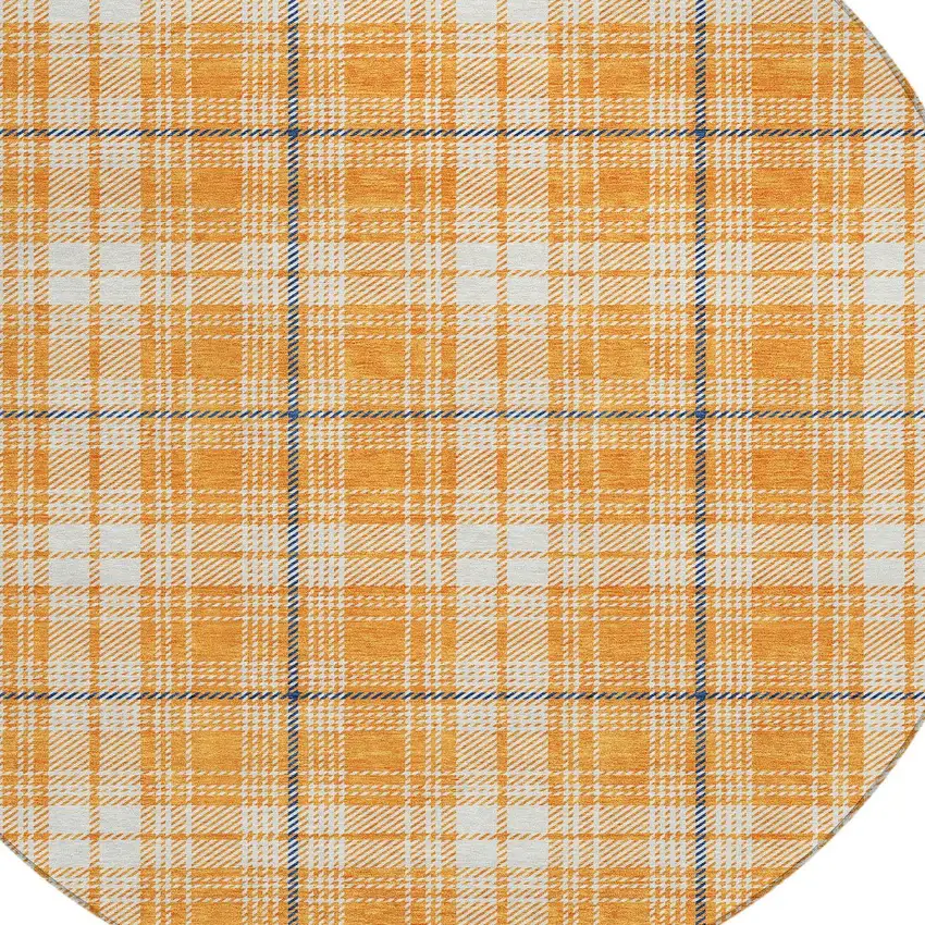 8' Orange Blue And Ivory Round Plaid Washable Indoor Outdoor Area Rug Photo 4