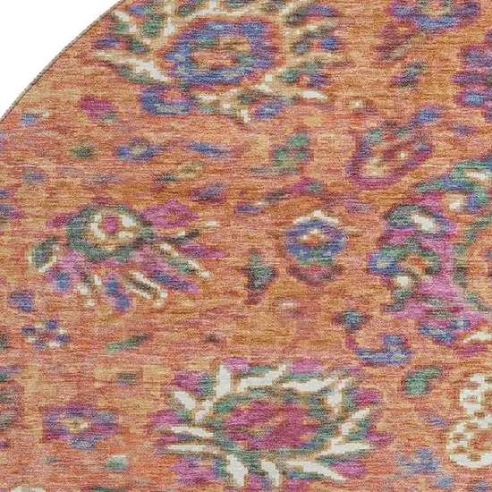 8' Orange Blue And Pink Oriental Washable Round Rug With UV Protection Photo 3